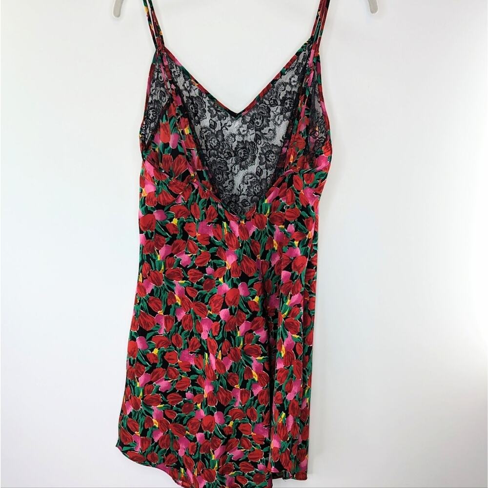 Vintage Victoria’s Secret Tulip Print Lace Trim Slip Dress - Red Pink Black Lrg - Picture 3 of 6